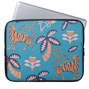 Retro tiger, palm tree, flower pattern laptop sleeve