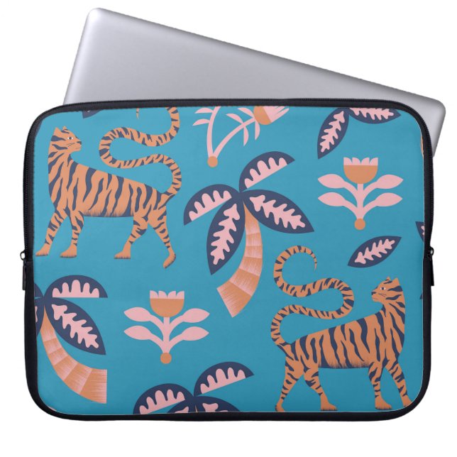 Retro tiger, palm tree, flower pattern laptop sleeve (Front)