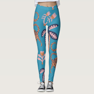 Retro tiger, palm tree, flower pattern leggings