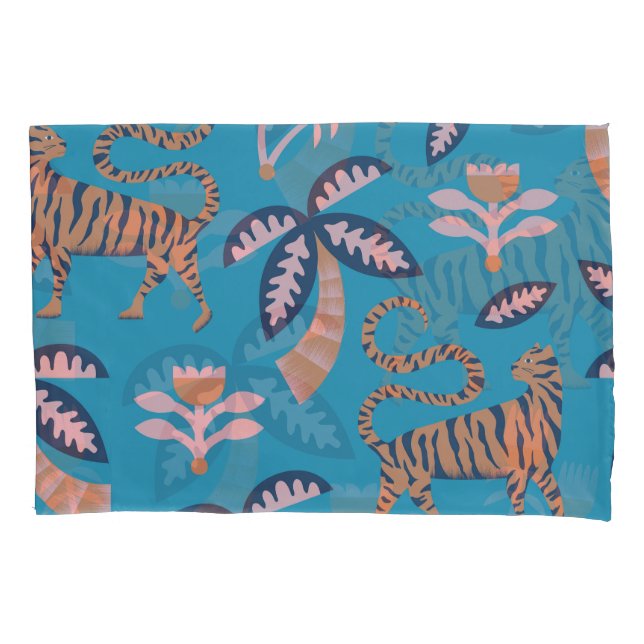 Retro tiger, palm tree, flower pattern pillowcase (Front)