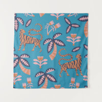 Retro tiger, palm tree, flower pattern