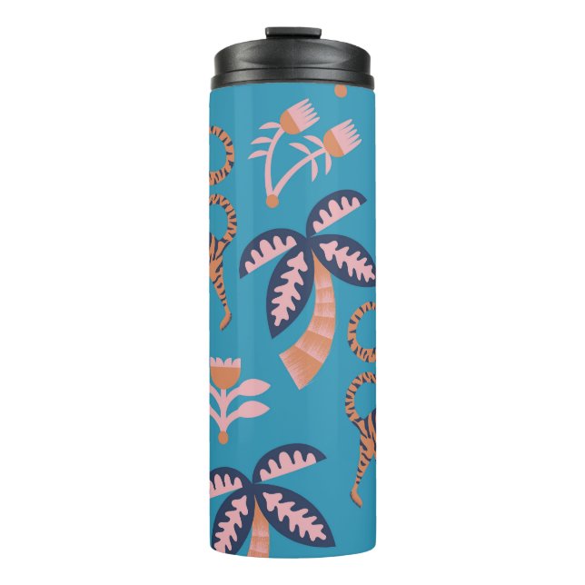 Retro tiger, palm tree, flower pattern thermal tumbler (Front)