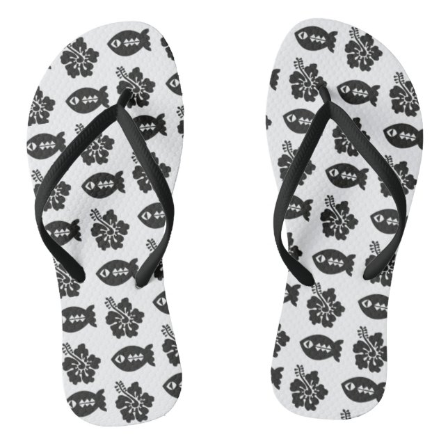 Retro Tiki Black and White Pattern Thongs (Footbed)