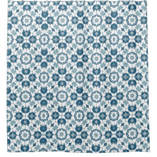 Retro Tile Effect Geometric Patterned Blue White Shower Curtain