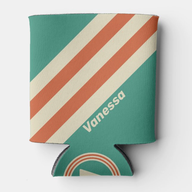 Retro Timeless Stripes with Name Can Cooler (Front)
