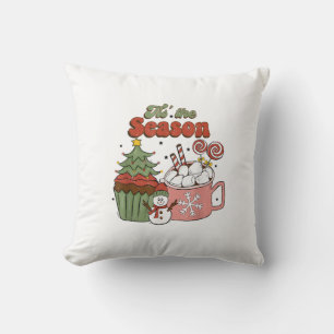 Retro Tis The Season Christmas Tree Coffee Snowman Cushion