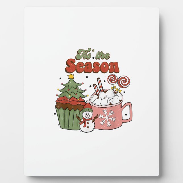 Retro Tis The Season Christmas Tree Coffee Snowman Plaque (Front)