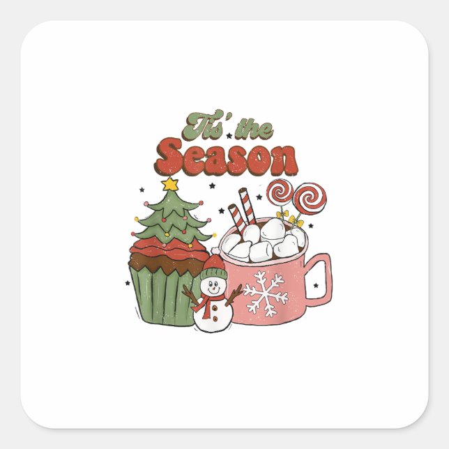Retro Tis The Season Christmas Tree Coffee Snowman Square Sticker (Front)