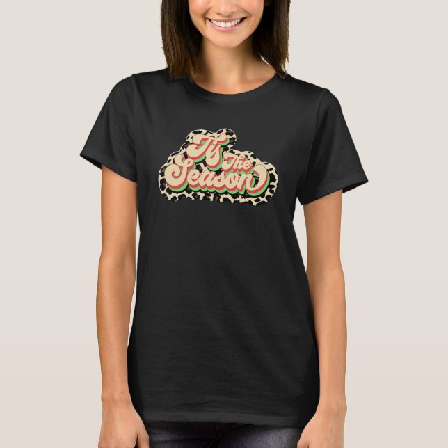 Retro Tis The Season Leopard Merry Christmas Winte T-Shirt (Front)