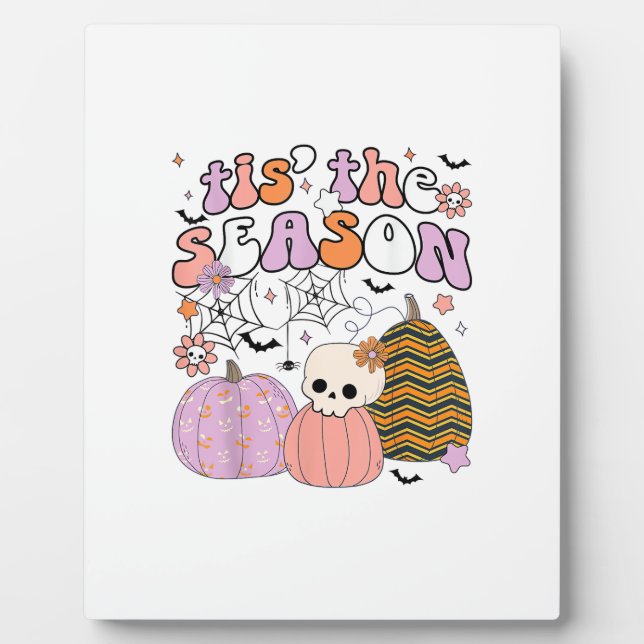 Retro Tis The Season Pumpkin Halloween Skull Spook Plaque (Front)