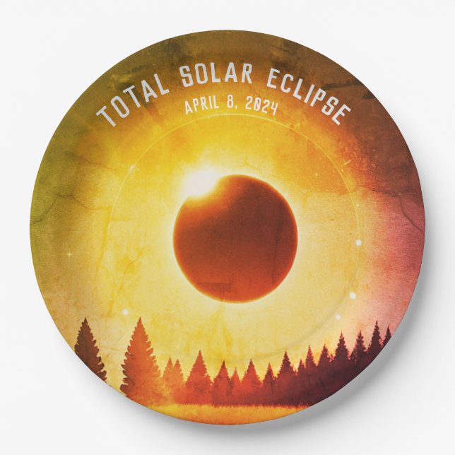 Retro Total solar eclipse April 8, 2024 landscape Paper Plate (Front)