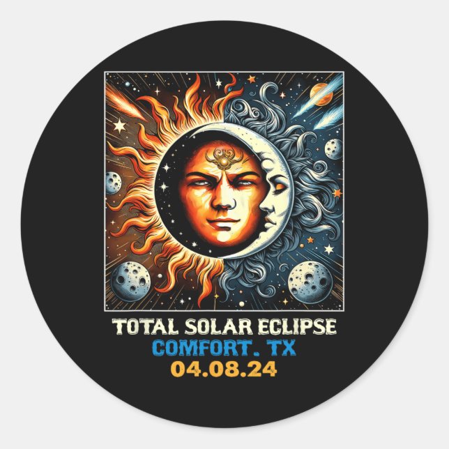 Retro Total Solar Eclipse Comfort Texas  Classic Round Sticker (Front)