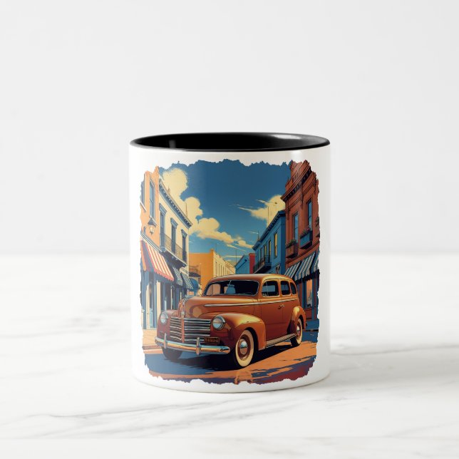 Retro Town Street Scene Two-Tone Coffee Mug (Center)