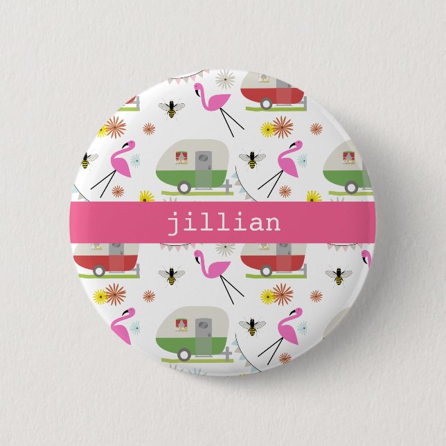 Retro Trailer & Flamingos Pattern 6 Cm Round Badge (Front)