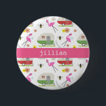 Retro Trailer & Flamingos Pattern 6 Cm Round Badge<br><div class="desc">This product features a pattern which incorporates illustrations of retro vintage inspired camper trailers,  pink flamingos,  bees,  and flowers.</div>