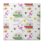 Retro Trailer & Flamingos Pattern Ceramic Tile<br><div class="desc">This product features a pattern which incorporates illustrations of retro vintage inspired camper trailers,  pink flamingos,  bees,  and flowers.</div>