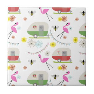 Retro Trailer & Flamingos Pattern Ceramic Tile