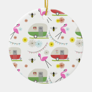 Retro Trailer & Flamingos Pattern Ceramic Tree Decoration
