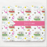Retro Trailer & Flamingos Pattern Mouse Pad<br><div class="desc">This product features a pattern which incorporates illustrations of retro vintage inspired camper trailers, pink flamingos, bees, and flowers.</div>