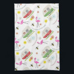 Retro Trailer & Flamingos Pattern Tea Towel<br><div class="desc">This product features a pattern which incorporates illustrations of retro vintage inspired camper trailers,  pink flamingos,  bees,  and flowers.</div>