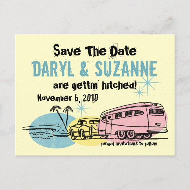 Retro Trailer Just Hitched Save The Date Announcement Postcard (Front)