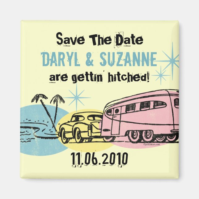 Retro Trailer Just Hitched Save The Date Magnet (Front)