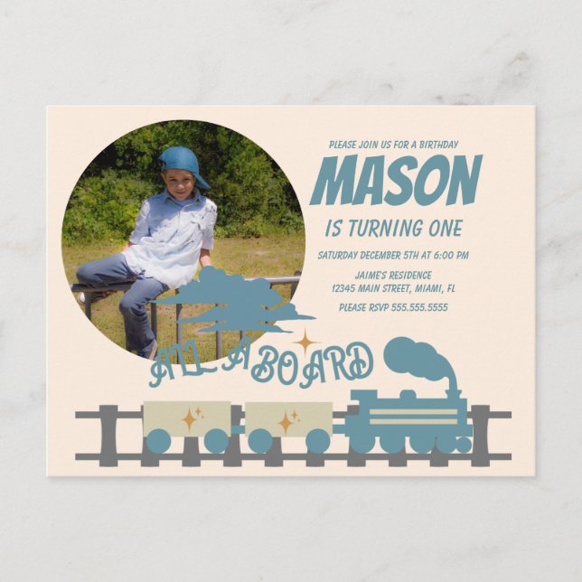 Retro Train Kids Birthday Party Earthy  Photo Postcard (Front)