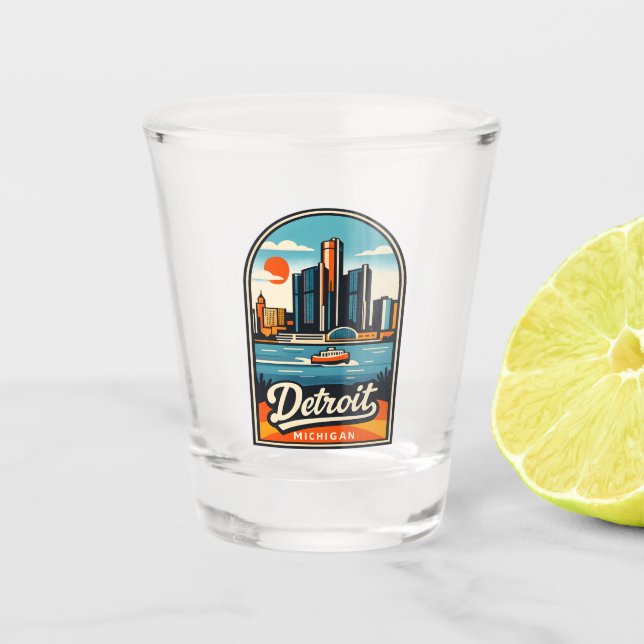 Retro Travel Detroit Michigan Cityscape Lakeside Shot Glass (Front)
