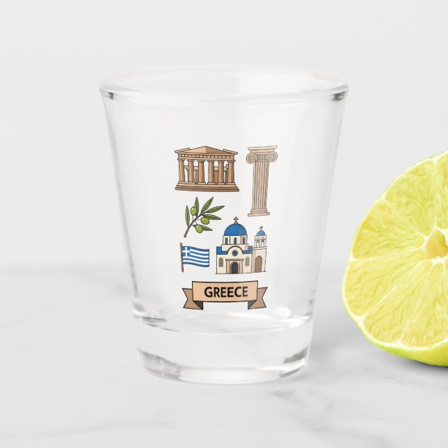 Retro Travel Greece Iconic National Symbols Shot Glass (Front)