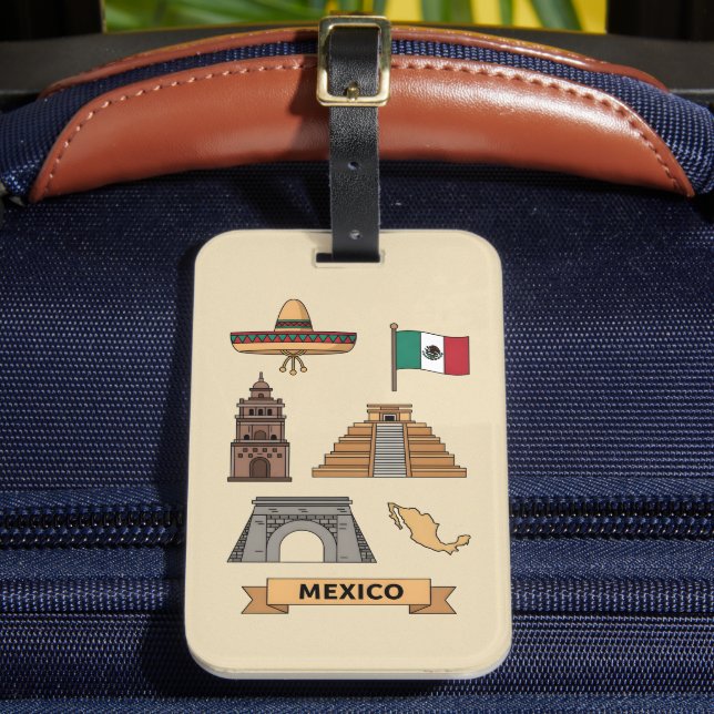Retro Travel Mexico Iconic National Symbols  Luggage Tag (Front Insitu 2)
