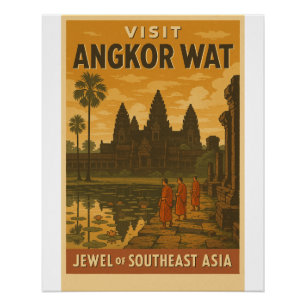 Retro travel poster of Angkor Wat temple