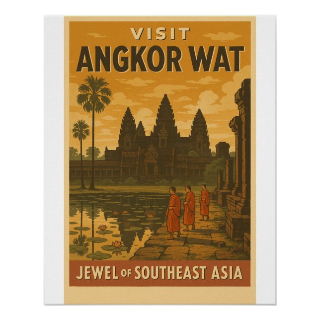 Retro travel poster of Angkor Wat temple (Front)