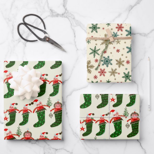 Retro Treasures Christmas Stockings Wrapping Paper Sheet (Front)