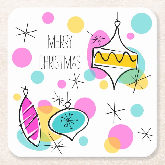 Retro Tree Baubles Christmas square Paper Coaster (Front)