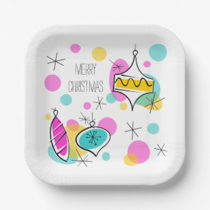 Retro Tree Baubles Christmas square Paper Plate