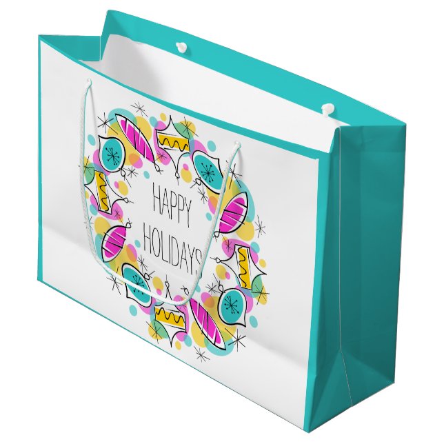 Retro Tree Baubles Circle Holidays large turquoise Gift Bag (Front Angled)