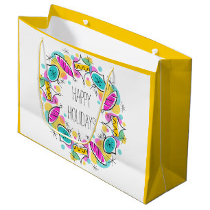 Retro Tree Baubles Circle Holidays large yellow Gift Bag