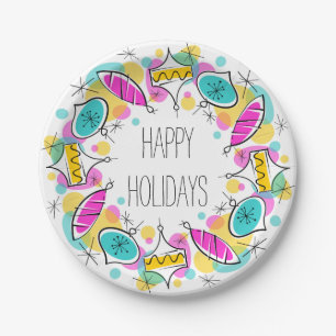 Retro Tree Baubles Circle Holidays paper plates