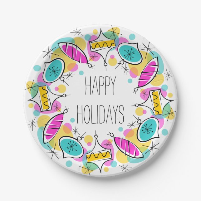 Retro Tree Baubles Circle Holidays paper plates (Front)