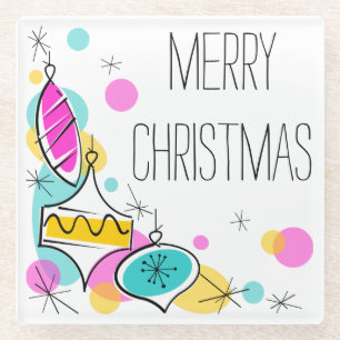 Retro Tree Baubles Corner Christmas glass Coaster