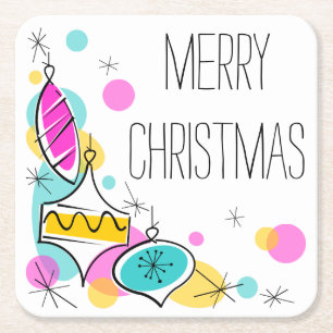 Retro Tree Baubles Corner Christmas square Paper Coaster