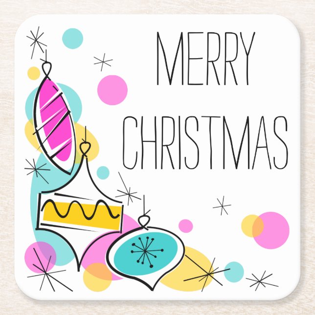 Retro Tree Baubles Corner Christmas square Paper Coaster (Front)