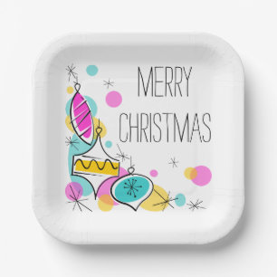 Retro Tree Baubles Corner Christmas square Paper Plate