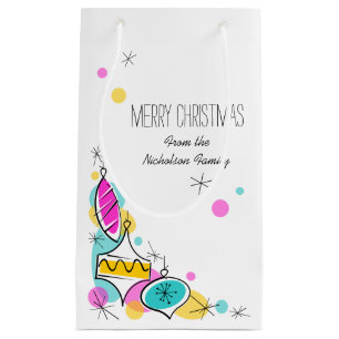 Retro Tree Baubles Corner Christmas Text small Gift Bag