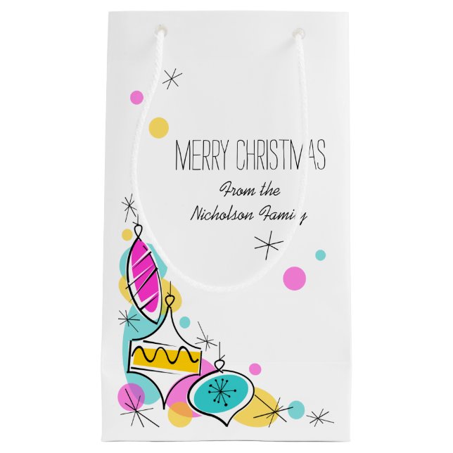 Retro Tree Baubles Corner Christmas Text small Gift Bag (Front)