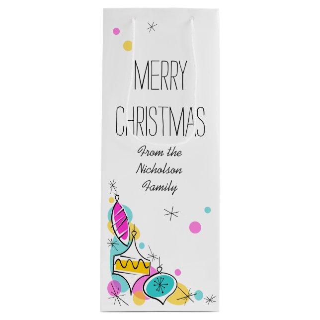 Retro Tree Baubles Corner Christmas Text wine Wine Gift Bag (Front)