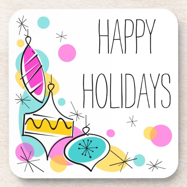 Retro Tree Baubles Corner Holidays cork back Coaster (Front)