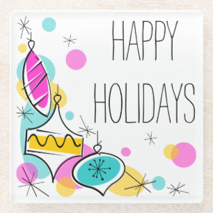 Retro Tree Baubles Corner Holidays glass Coaster