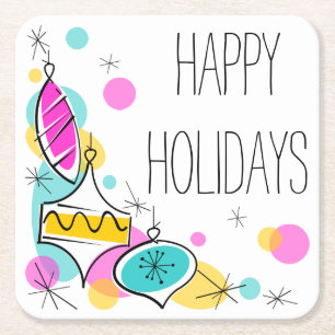 Retro Tree Baubles Corner Holidays square Paper Coaster