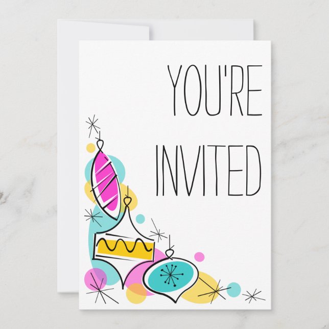 Retro Tree Baubles Corner You're Invited vertical Invitation (Front)